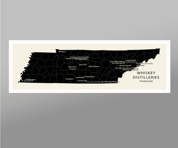 Tennessee Whiskey Distilleries Minimalist Map - 12x36, 13x19 or 24x36 Inches - Home Decor