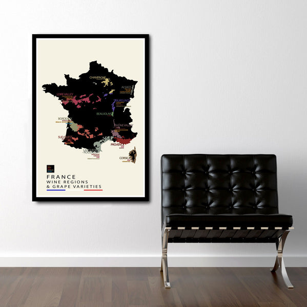 France Wine Minimalist Map - With Grape Varieties Poster - 13x19 or 24x36 Inches - Home Decor