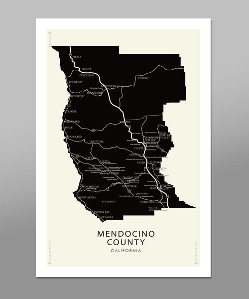 Mendocino County Minimalist Wineries Map - 13x19 16x24 or 24x36 Inches - Home Decor