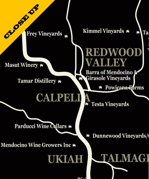 Mendocino County Minimalist Wineries Map - 13x19 16x24 or 24x36 Inches - Home Decor