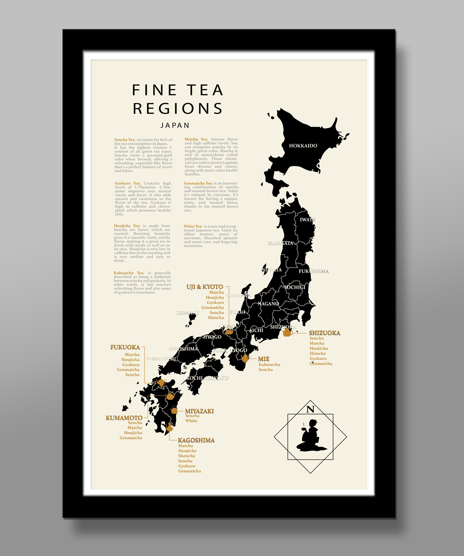 Japanese Tea Regions - Japan Map - 13x19, 16x24 or 24x36 Inches - Home Decor