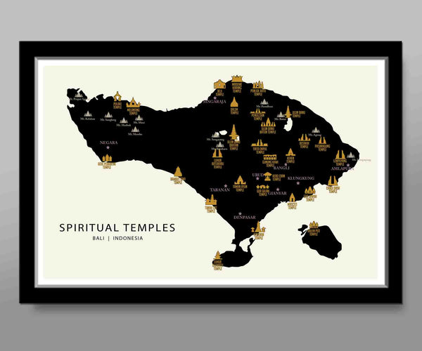 Bali Spiritual Temples Map Poster - 13x19, 16x24 or 24x36 Inches