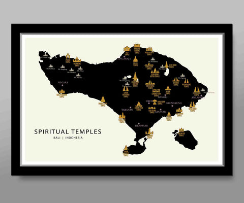 Bali Spiritual Temples Map Poster - 13x19, 16x24 or 24x36 Inches