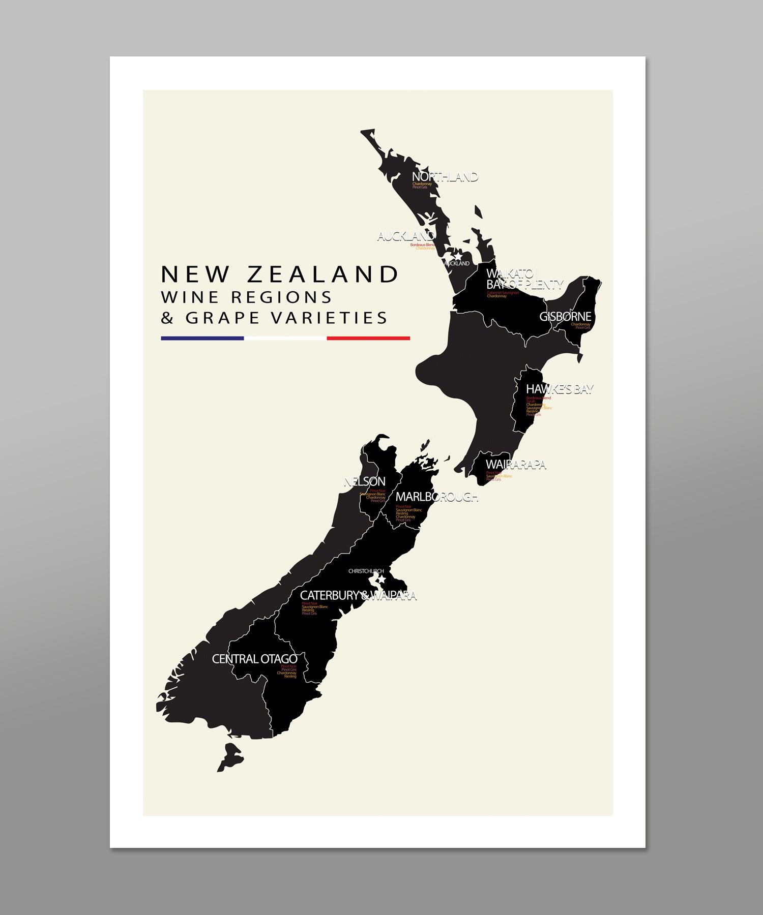 New Zealand Wine Regions and Grape Varieties Minimalist Map - 13x19 16x24 or 24x36 Inches - Home Decor