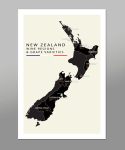 New Zealand Wine Regions and Grape Varieties Minimalist Map - 13x19 16x24 or 24x36 Inches - Home Decor