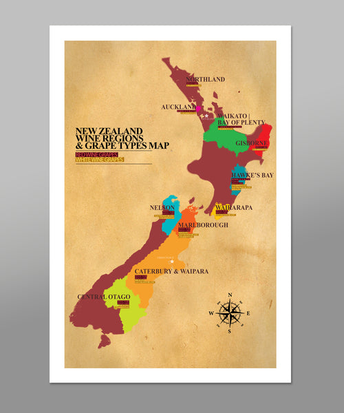New Zealand Wine Regions Map - 13x19 16x24 or 24x36 Inches - Home Decor