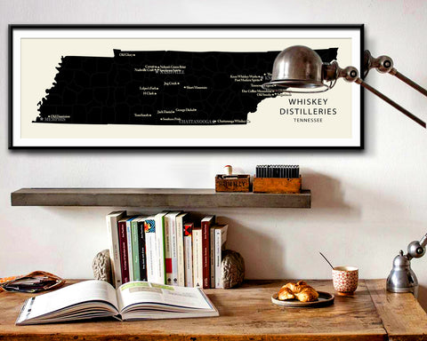 Tennessee Whiskey Distilleries Minimalist Map - 12x36, 13x19 or 24x36 Inches - Home Decor