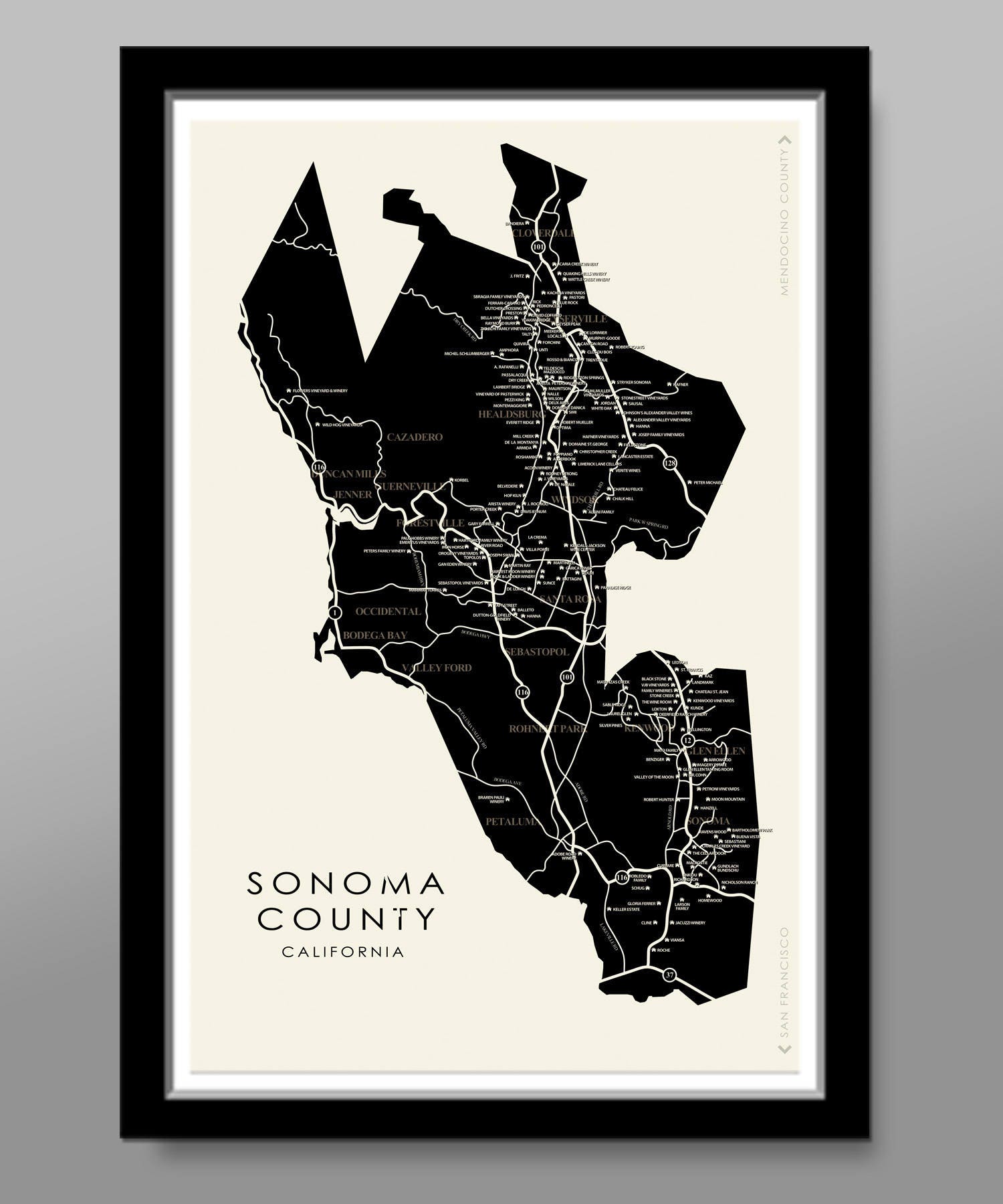 Sonoma County Minimalist Wine Map -  With Wineries Poster - Home Decor