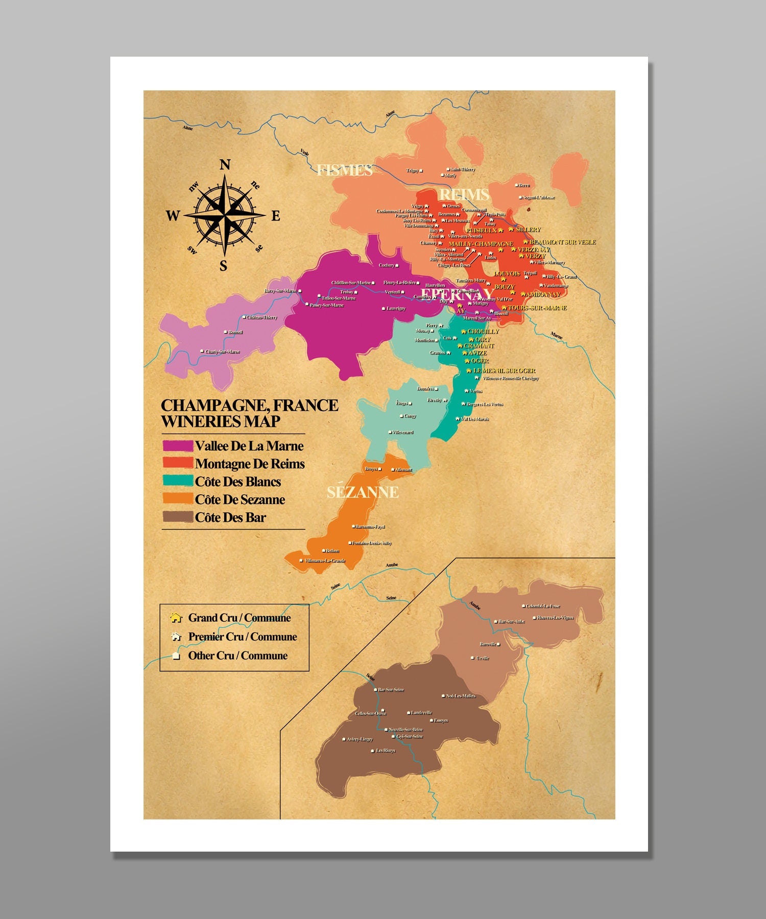 Champagne France Wineries Map - 13x19 16x24 or 24x36 Inch Poster - (Print 311) - Home Decor