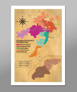 Champagne France Wineries Map - 13x19 16x24 or 24x36 Inch Poster - (Print 311) - Home Decor