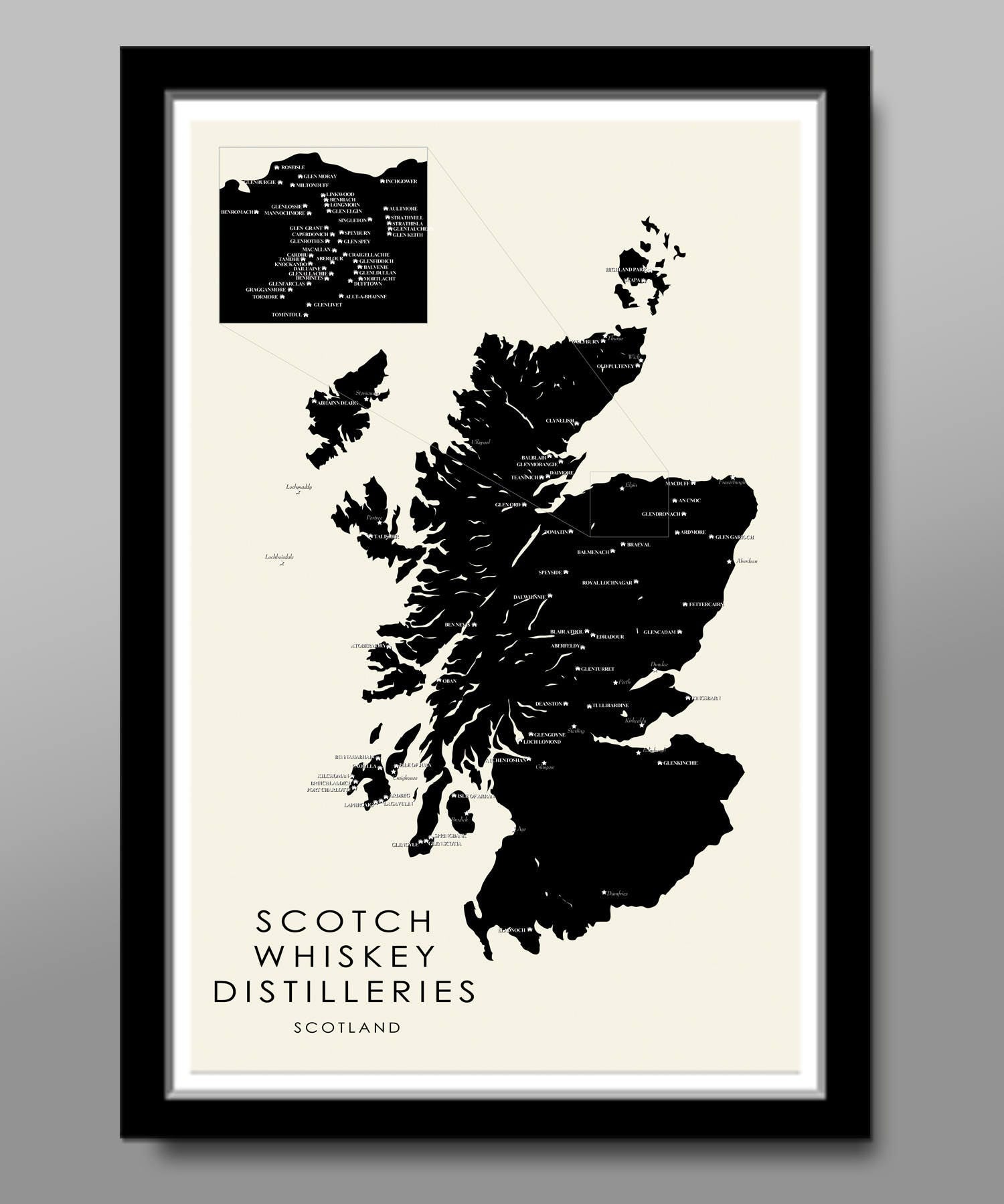 Scotland's Whiskey/Scotch Distilleries Minimalist Map - Home Decor