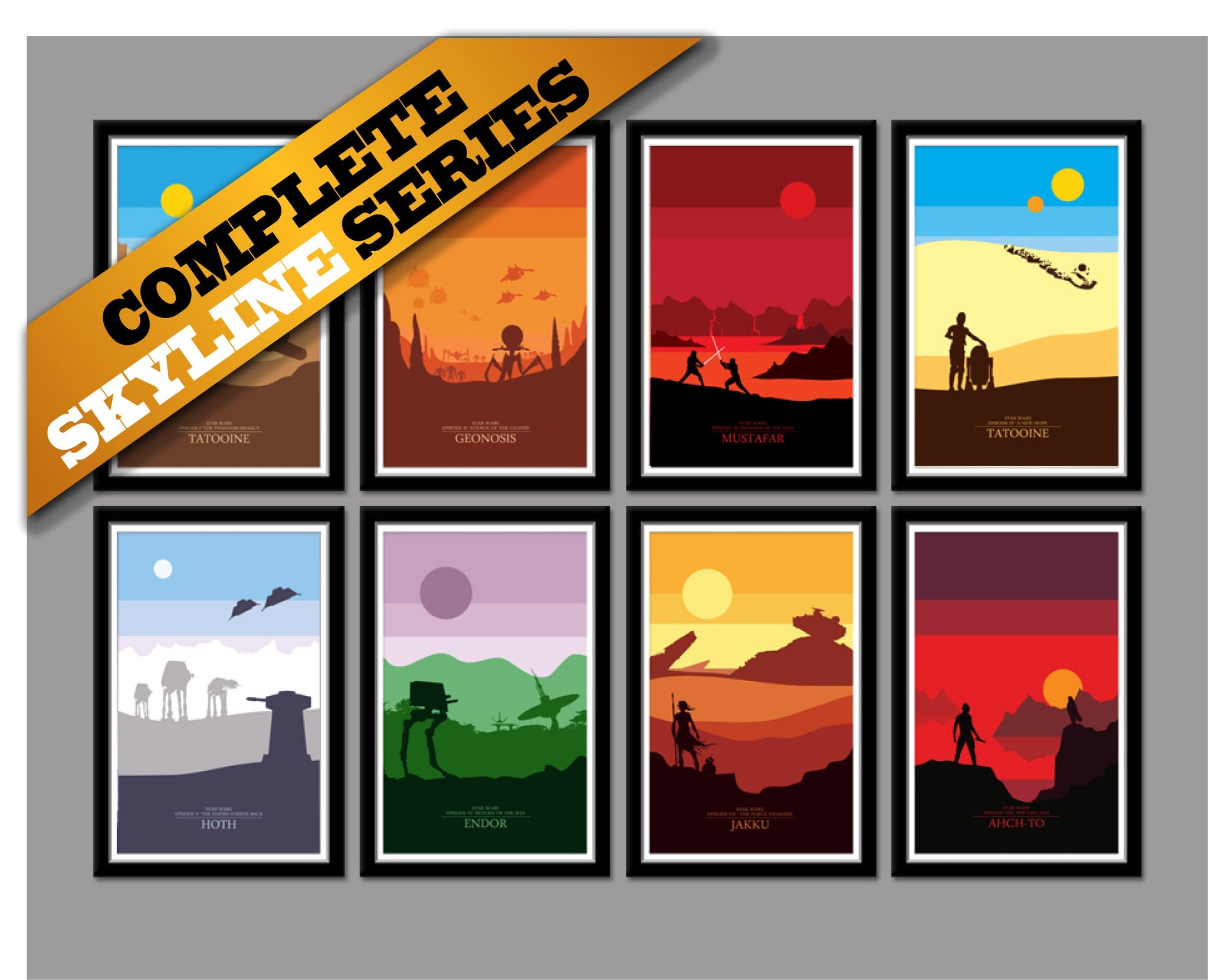 Force Inspired - Star Wars Inspired Minimalist Movie Poster Set - Complete Skyline Series - Home Decor