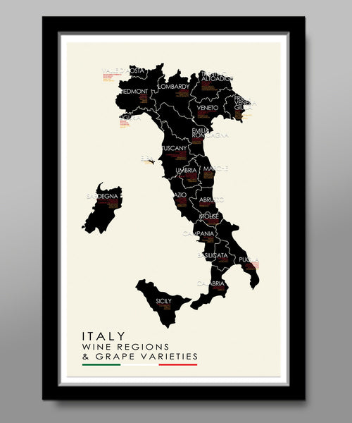 Italy Wine Regions and Grape Varieties Minimalist Map - 13x19 16x24 or 24x36 - Home Decor