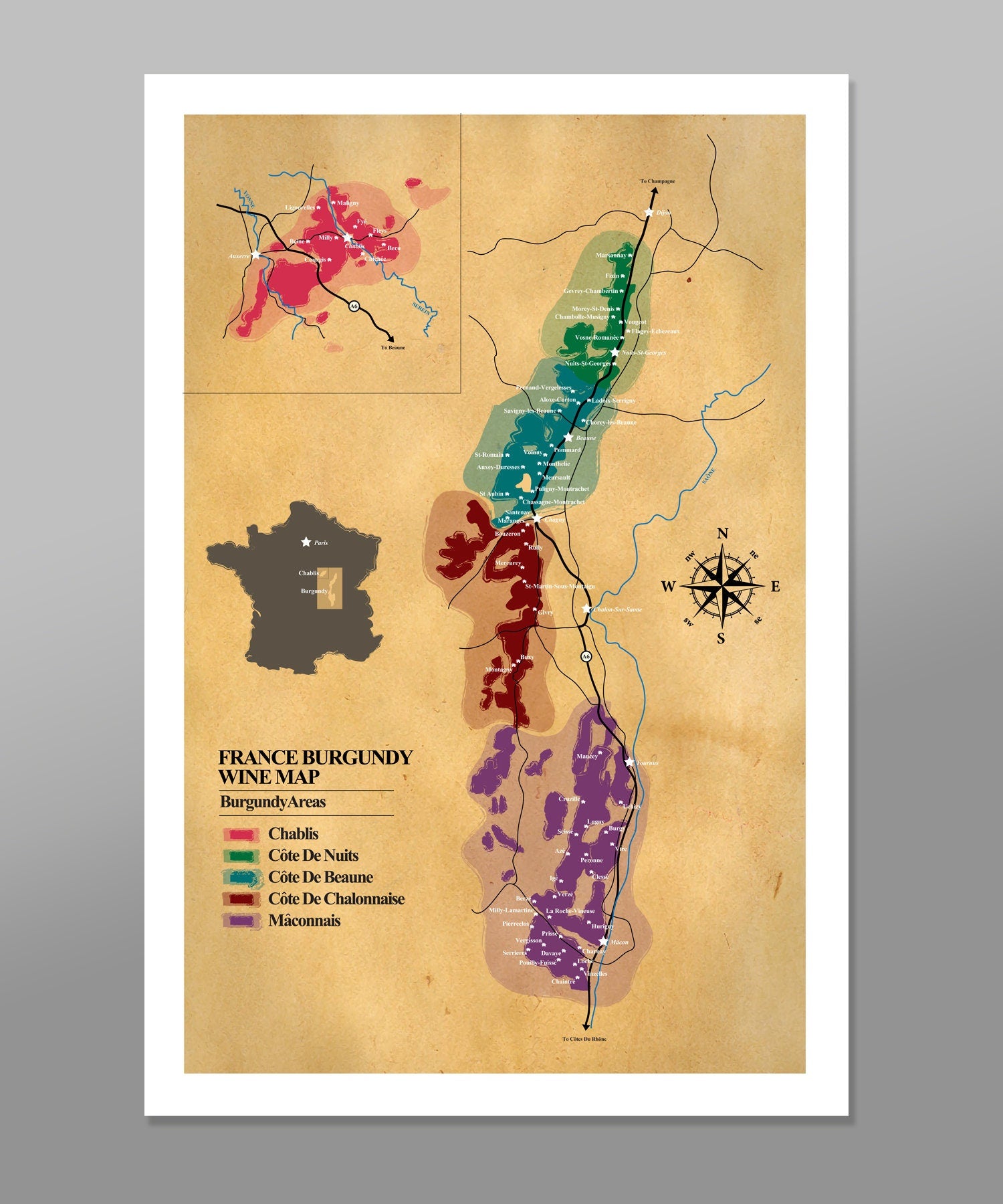 Classic Burgundy Regions of France Wine Map - Wine Poster - Home Decor
