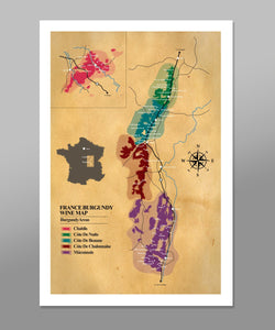 Classic Burgundy Regions of France Wine Map - Wine Poster - Home Decor