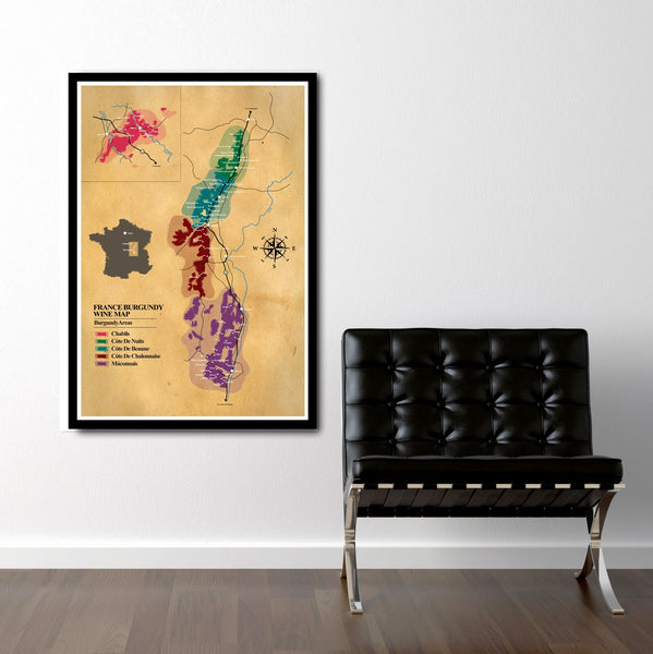 Classic Burgundy Regions of France Wine Map - Wine Poster - Home Decor