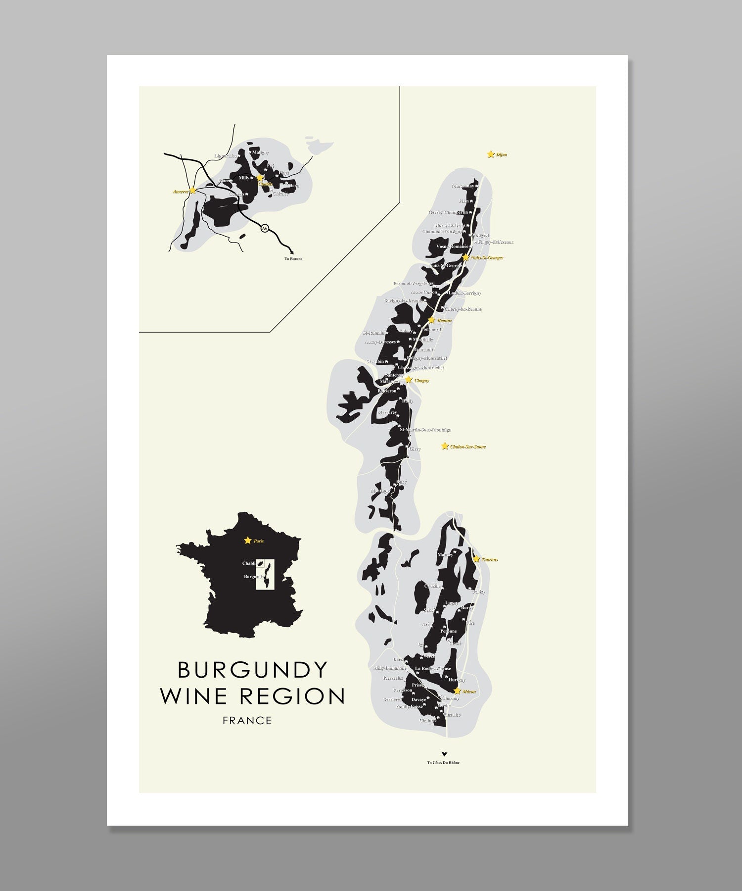 Burgundy Regions of France Minimalist Map - 13x19 16x24 or 24x36 Inches - Home Decor