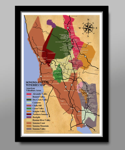 Sonoma Wine County Wineries Poster - 13x19 -or- 24x36 Inches - (Print 311) - Home Decor