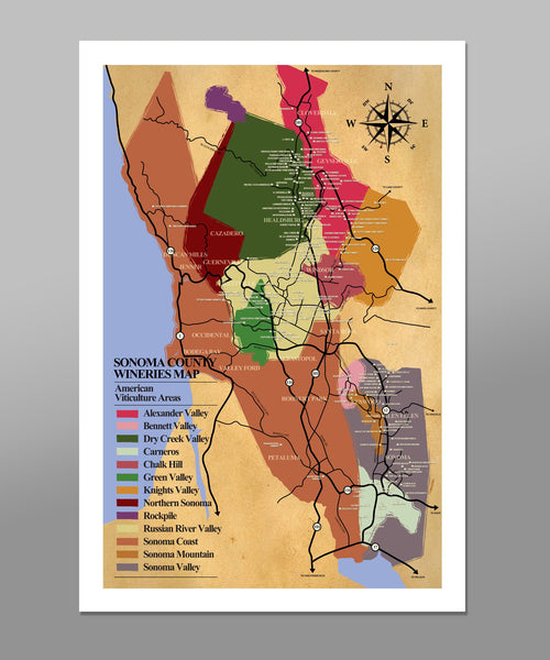 Sonoma Wine County Wineries Poster - 13x19 -or- 24x36 Inches - (Print 311) - Home Decor